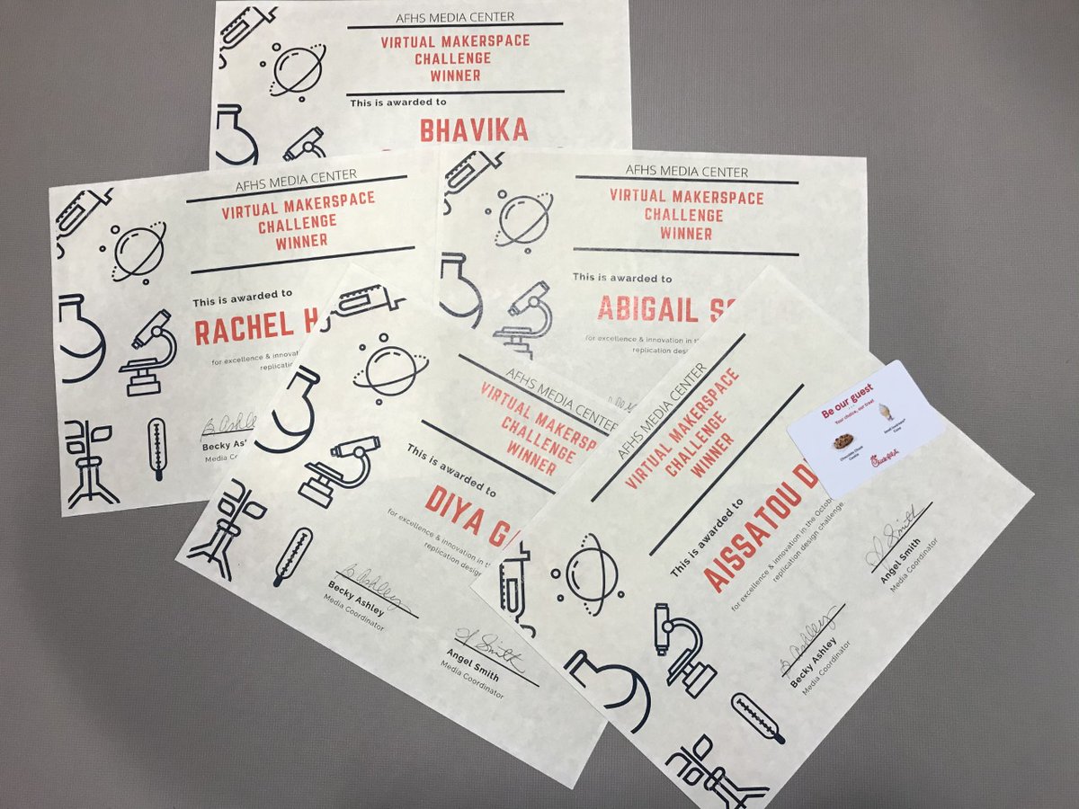 afhsmakes's tweet photo. Congratulations to our October Virtual Challenge winners! Bhavika C, Abigail S, Diya G, Rachel H &amp; Aissatou D.  Prizes on their way 📪💌 Thanks to our sponsor @HollySpringsCFA @AFHSannounce @rlnashley @AGGuilin @tanya_churchill @wcpssdll @roddywood https://t.co/9yWHt37fu0