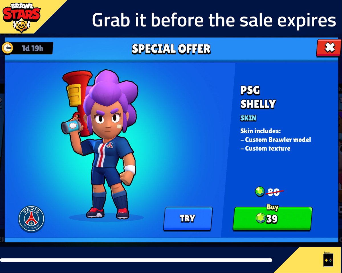 Merktis_'s tweet photo. Brawl Star's PSG Shelly Skin is available at 50% it's price.
Grab it before it disappears!!

#brawlstars #psg #shelly #football #soccer #gaming #mobilegames #esports #merktis https://t.co/A3eQrK29YT