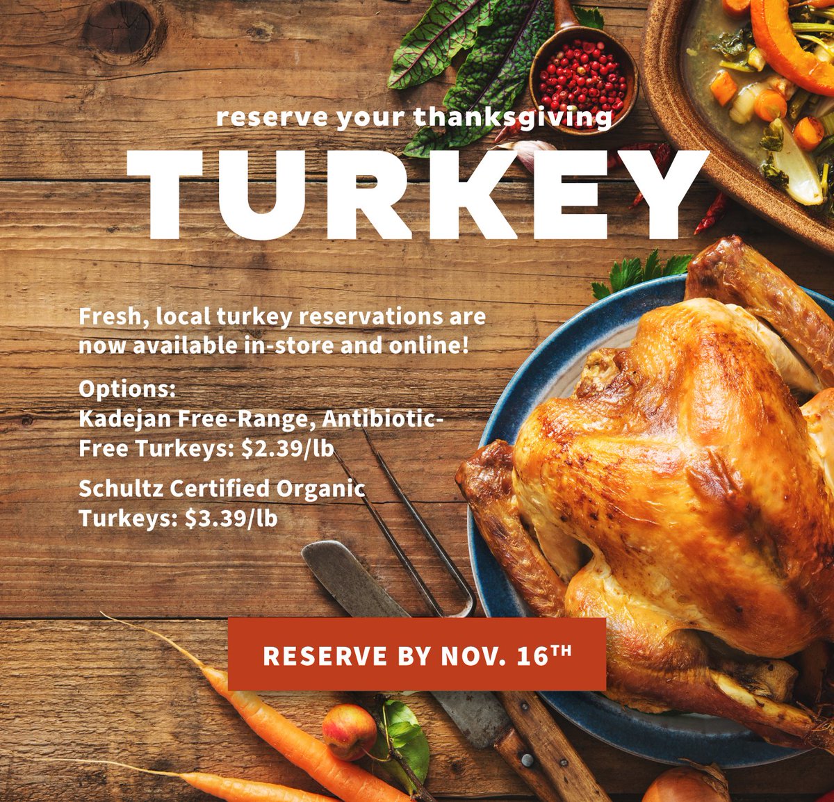 Turkey time is coming! Whether you're celebrating smaller this Thanksgiving or want lots of leftovers, we have fresh, locally sourced turkeys from Larry Schultz Organic Farm and Kadejan Market coming in all sizes. Reserve yours before November 16th: mmfc.coop/thanksgiving.