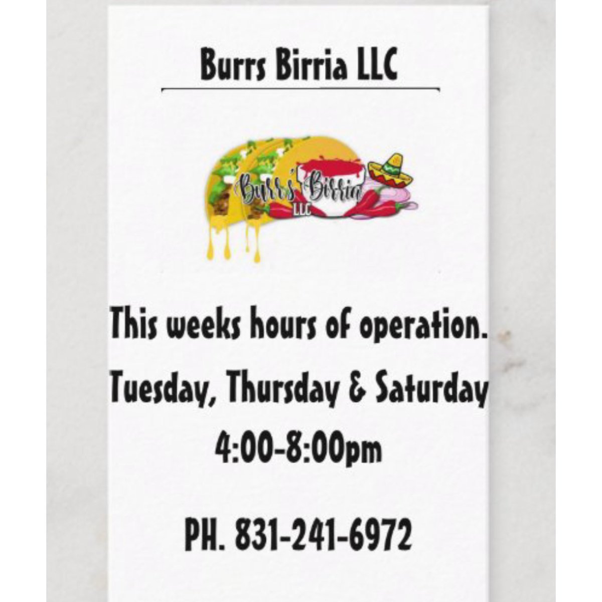 sweetburrberry2's tweet photo. Introducing our take out phone number& take note of hours this week!! QuesiTacos, From the bottom to the top vampiro, Birria ramen, keto style tacos, Birria Burrritos, & don’t forget delicious consommés!!! Tap in. 🍜🌯🌮🤙🏽😌🏁💙 #birria #quesitacos #birriavampiro #burrsbirriallc https://t.co/a81UbrIcTN