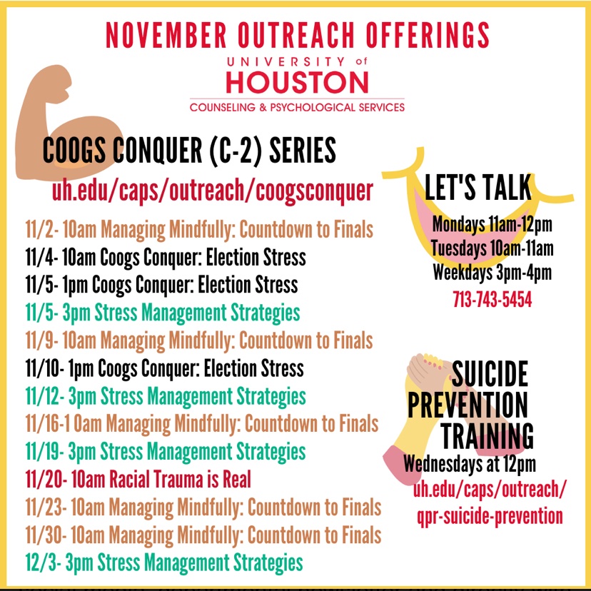 UH_caps's tweet photo. It’s November! #CapsCares #MentalHealth #CoogsConquer #LetsTalk #SuicidePrevention #ElectionStress #GoCoogs https://t.co/dJtonLD2su
