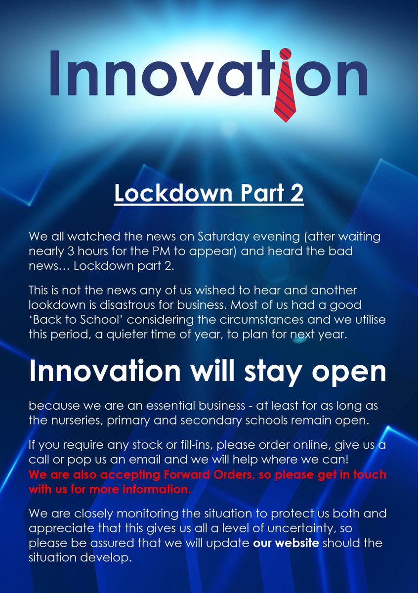 Innovation Schoolwear remain open! #Lockdown2 #schoolsstayopen #schools