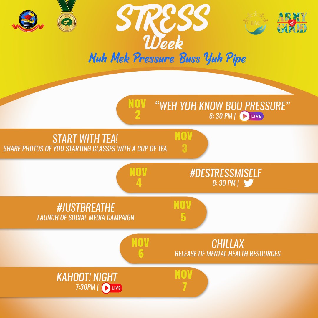 uwiguildeac's tweet photo. Join us as we learn about stress management through Stress Week! We have several activities in store so we can ensure that Yuh Nuh Mek Pressure Buss Yuh Pipe! ππ§‘ππ§‘
#GuildEAC2020 #OneArmyNuffGood #GuildEACStressWeek #GuildEACJustBreathe https://t.co/JOAWWlCJCy