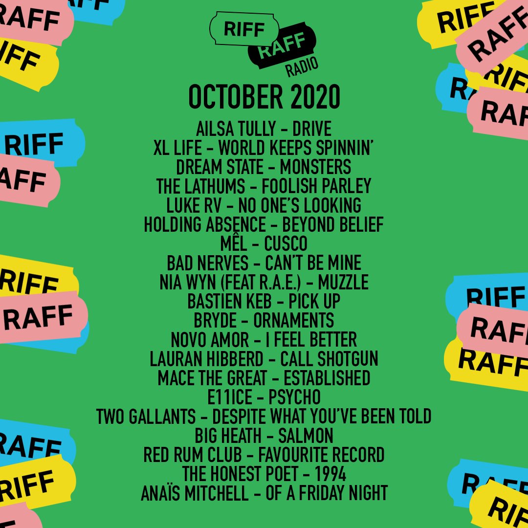 riffraffswansea's tweet photo. 📻 RIFF RAFF RADIO - OCTOBER 2020 ⚡︎
🎧: https://t.co/x0J1YUCkkD
Here's what we've been listening to: #AilsaTully / #XLLife / @DreamStateUK / @TheLathums / @lukervv / @HoldingAbsence / @band_mel / @BADBADNERVES / @niawynmusic / @BastienKeb / & more (1/2) https://t.co/rvoXnOaqg4