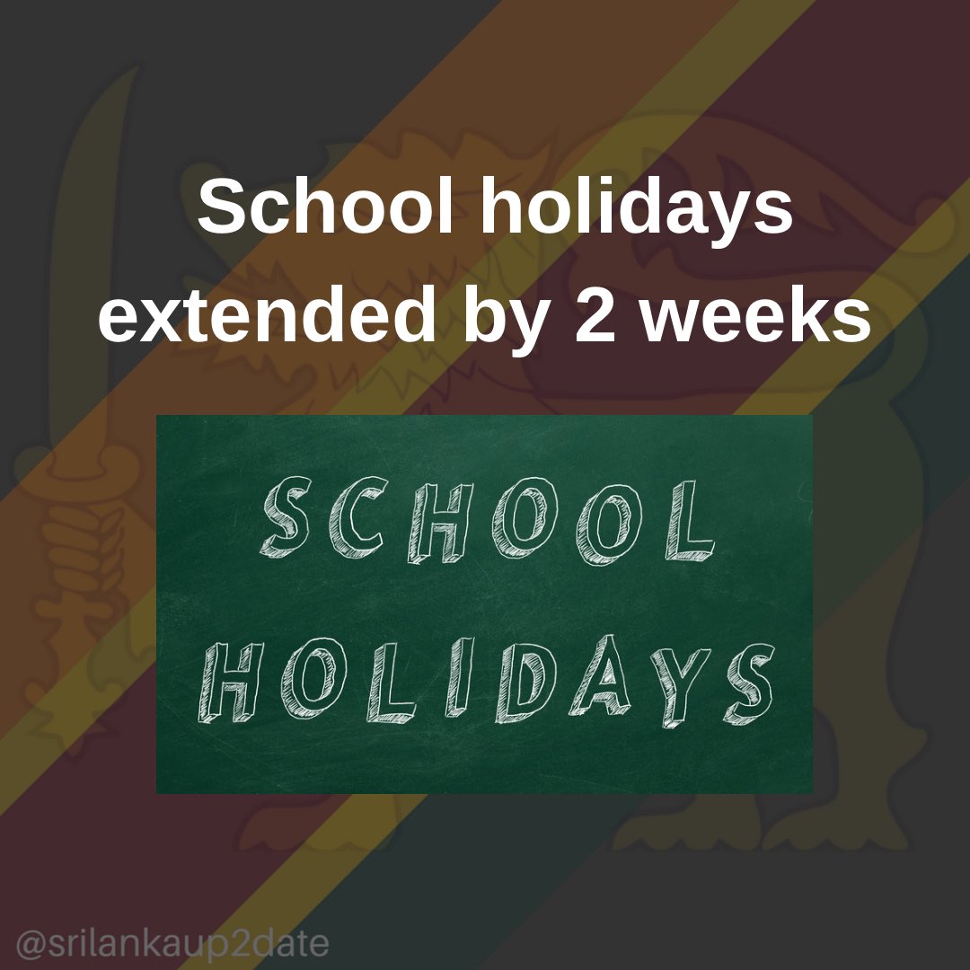 srilankaup2dat's tweet photo. School holidays have been extended by another two weeks due to current Covid situation in the country.

Education Ministry secretary said that Third term for Goverment schools that was to begin on 09th November will now be postponed by another two weeks.
#srilankaup2date https://t.co/SbpXkacUW1