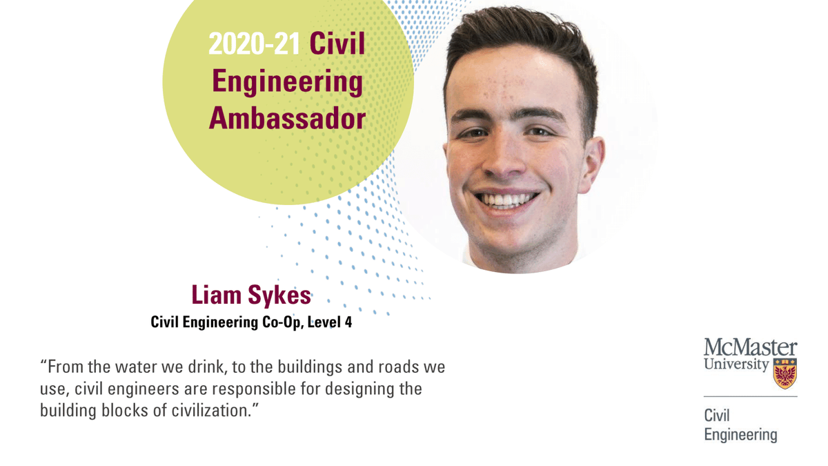 MacCivEng's tweet photo. Meet Liam Sykes, a Civil Engineering student! #MacCivEngAmbassador

"What I love about McMaster's Civil program is the variety of courses that we take, because it provides students with a good idea of how broad a field it is." https://t.co/0xkkhVON4S