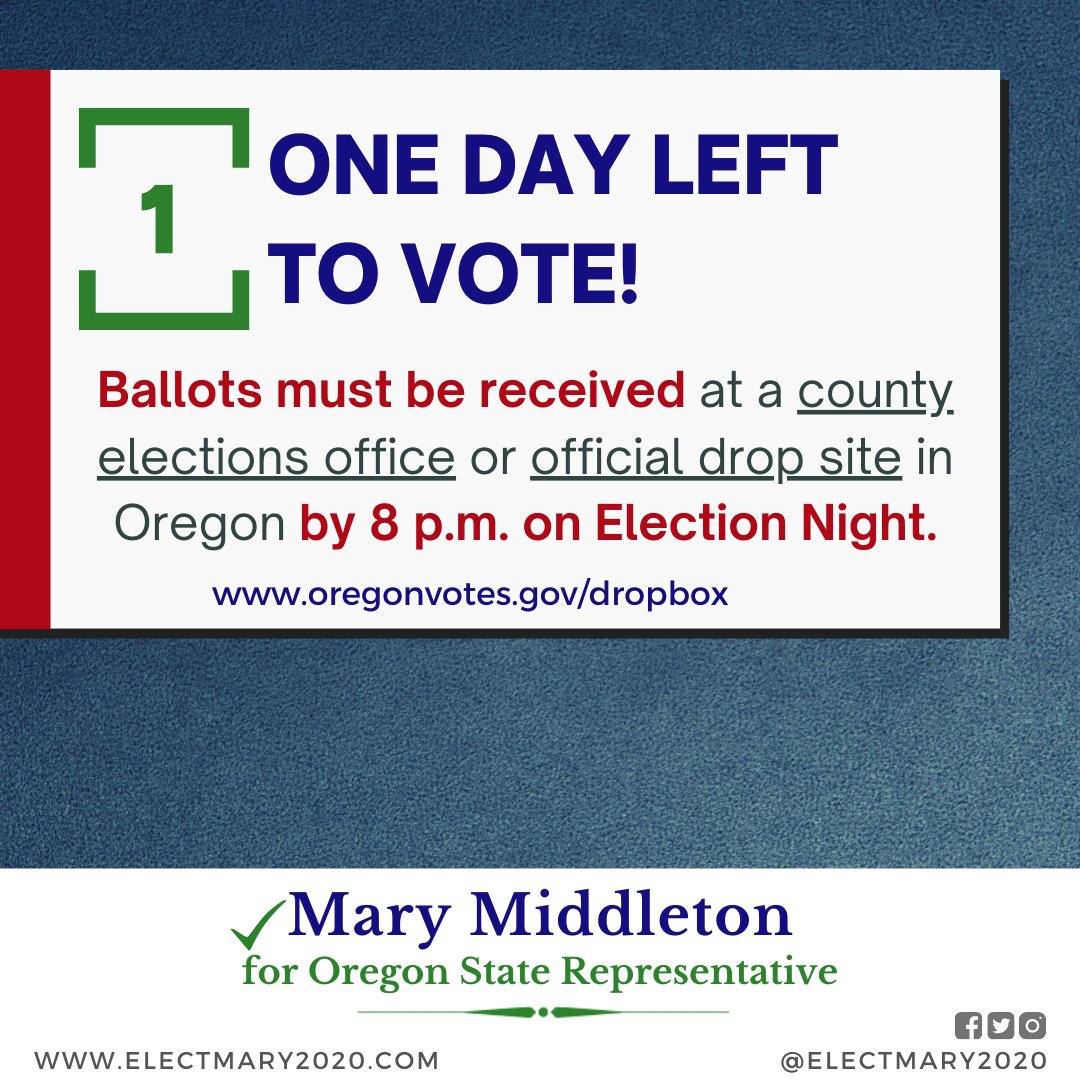 ElectMary2020's tweet photo. There is only 1 DAY LEFT to return your ballot. Don't wait until the last minute. Find your drop box: https://t.co/tOgFJ9uGTm. Vote for Mary Middleton for OR State Rep in HD4. https://t.co/LkKhjz9eGL

#electmary2020 #middletonfordistrict4 #teamruraloregon #orpol #orleg @DemCastOR https://t.co/3p5efp3j4h