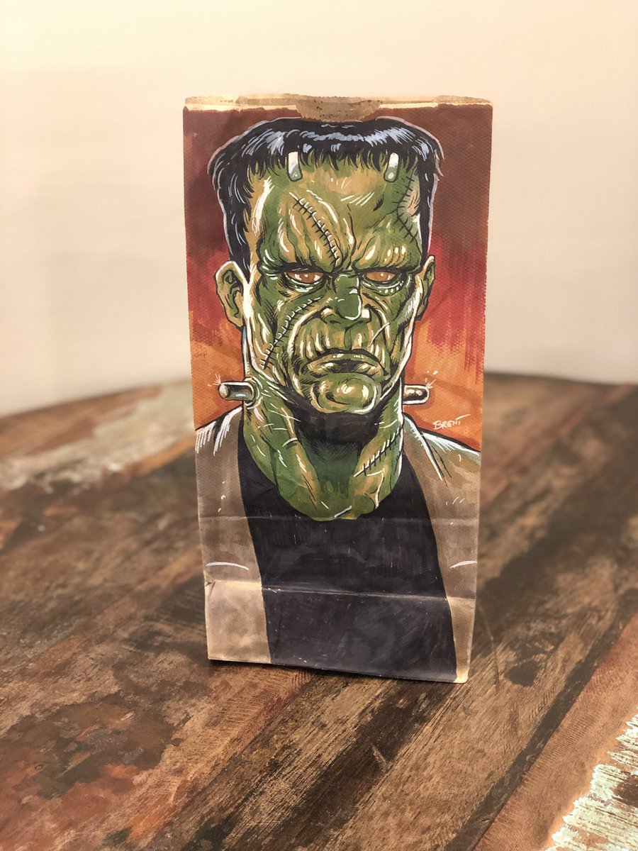 PbutterJustice's tweet photo. Classic Frankenstein from last weeks Halloween lunch bag. #horror #HorrorMovies #brentschoonover #brentschoonoverart #frankenstein #frankensteinart #universalmonsterart #lunch #maryshelley https://t.co/hIQCbeoG4z