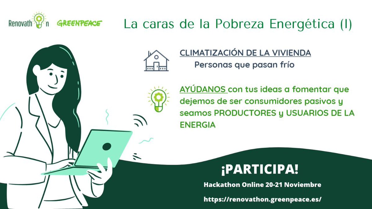 Empecemos a ser productores de energía, vente al #Renovathon, el #hackathon de <a href="/greenpeace_esp/">Greenpeace España</a> y aporta tus ideas para ayudar a erradicar la #pobrezaenergetica . Días 20-21 de noviembre #online. +Info ow.ly/4SvJ50C8Yn7

#economiacircular #energiacircular #energiasrenovables