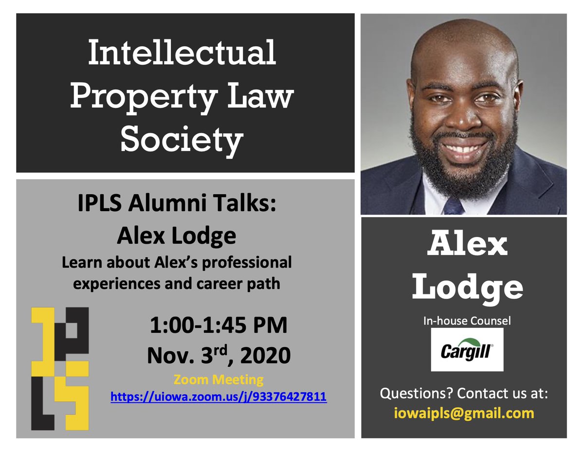 IowaIPLS's tweet image. UIowa IP Law Society has another exciting presentation this week for you. Tomorrow “IPLS Alumni Talks: Alex Lodge.” We will be welcoming Alex Lodge, in-house counsel at Cargill, to speak with us about his professional experience and career path.