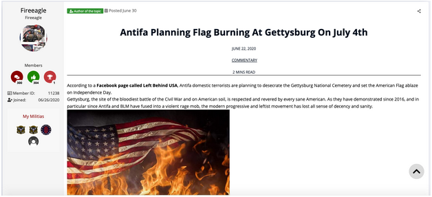 8/ In June, he was trying to convince the other members of his militia forum that an armed response was needed to a satirical announcement of an antifa-sponsored flag burning.