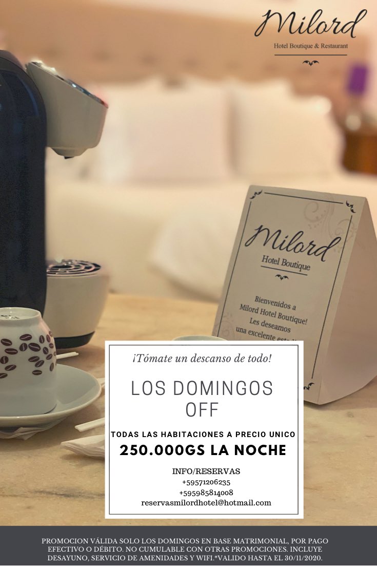 MilordHotel's tweet photo. Los DOMINGOS podes disfrutar aún más🤩Te esperamos en #Milordhotel p/que recargues pilas e inicies la semana con la mejor energía!Todas nuestras habitaciones son desinfectadas siguiendo el Protocolo de salubridad establecido😷 Info/Reservas 📲0985814008 ☎️071206235 https://t.co/uj1QYpLOtp
