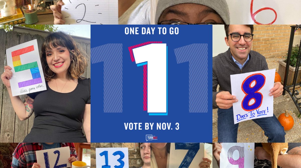1 Day left. Less than 24 hours to go till #ElectionDay . 

We’re hosting a phonebank today and tomorrow to turnout Texas and Nevada voters. Every #VOTE  counts this year, so sign up at turnout2020.org to help make one last push today!