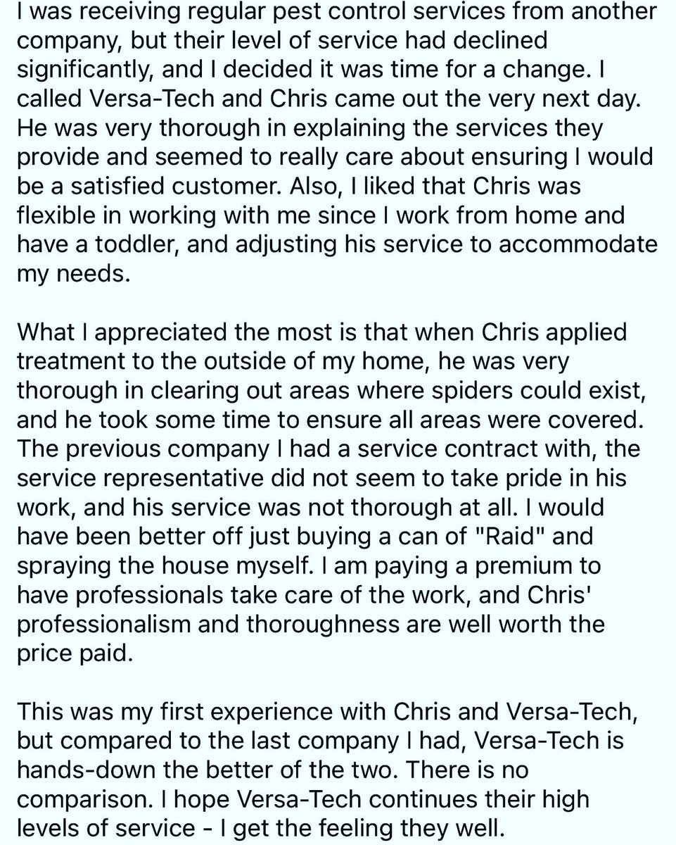 VersaTechPM's tweet image. We are always so appreciative of the time our clients take to write reviews for us❤️

#Reviews #ClientAppreciation #LAPestControl #OrangeCountyPestControl #SanDimasPestControl #ExterminatorsNearMe