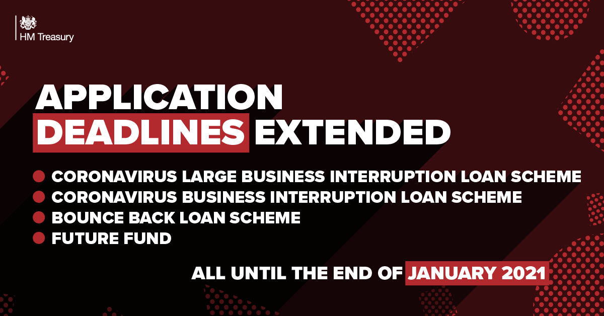 Extended until January 31st:

✅Coronavirus Business Interruption Loan Scheme
✅Coronavirus Large Business Interruption Loan Scheme
✅Bounce Back Loan Scheme
✅Future Fund