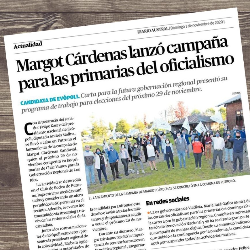 evopoli's tweet photo. Nuestra candidata por la gobernación de Los Ríos para las elecciones del 29 de noviembre, Margot Cárdenas, tiene como objetivo el crecimiento con identidad propia de la región, con un programa hecho con ideas levantadas desde las bases.
 
Lee la nota acá: https://t.co/uHaiTpFEWT https://t.co/OnCtVgO7d9