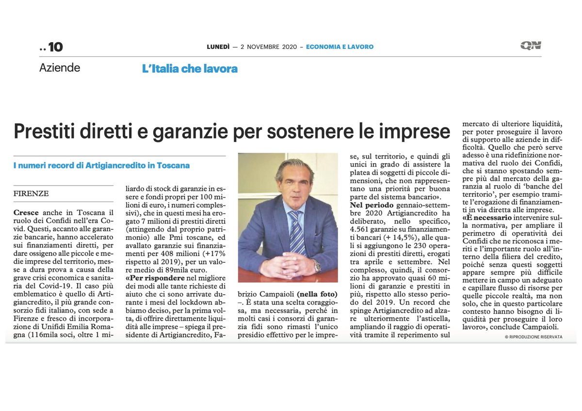 Dal QN di lunedì 2 novembre 2020 (Economia e Lavoro)