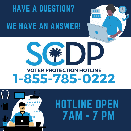 SCDPVoPro's tweet photo. As this election draws to a close, our team is ready to ensure that your vote is counted. Call 1-855-785-0222 with any voting concerns. #SCVoPro https://t.co/8f1tssxDrX