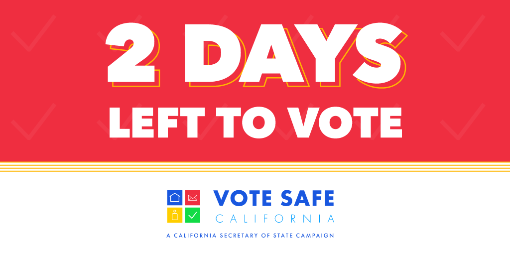 CASOSVote's tweet photo. Just 2 days left to vote! If you’re voting in-person, bring a mask and remember to social distance. If you’re going to vote-by-mail, make sure you sign the envelope and get it to a ballot drop off location by 8PM on Election Day. #VoteSafeCA #VoteCalifornia https://t.co/Ei6Hz9EMMz
