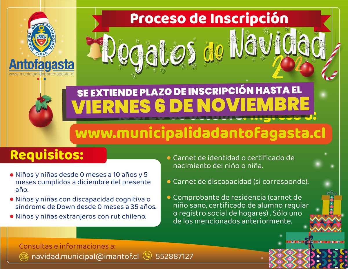 AntofagastaMuni's tweet photo. Inscripción #ProgramaNavidad 🎄: ¡Aún quedan días! #Antofagasta Ingresa a https://t.co/zSbizN8tdM o acércate al municipio 😀 https://t.co/w5vrWggwTL
