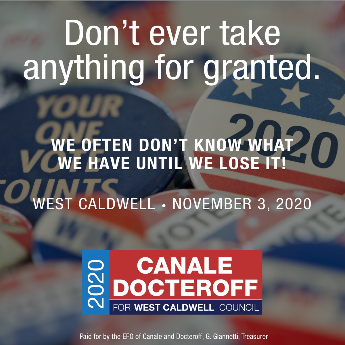 Our past has taught us that every single vote counts! Select 10B and 11B to keep West Caldwell moving in the right direction!
🇺🇸
#everyvotecounts #canaledocteroff #localmattersmost #transparency #canaledocteroff2020 #VOTE #westcaldwellnj #westcaldwell #election2020 #vote2020
