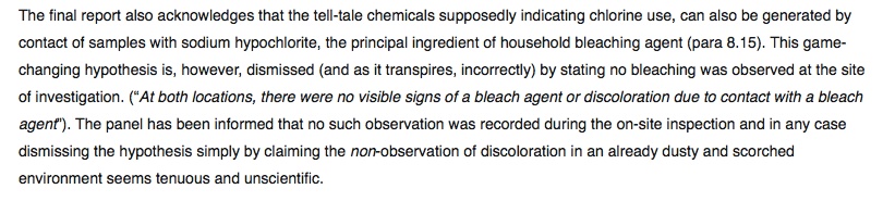 5) Essential details regarding chemistry results were withheld from the final report whilst new evidence was fabricated, all to create a false impression that it had been confirmed chlorine gas was identified at the alleged attack scenes