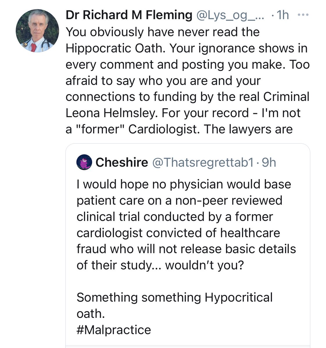 Thatsregrettab1's tweet photo. Dr. who? has no sense of humor, ‘Hypocritical’ Oath was deliberate. 🙄
Unfortunately for his newest legal threat, I never stated HE was a former cardiologist. In my opinion, I would hope my physician would ignore a study described this way.
#factfreescience https://t.co/yJtJfEtv5D