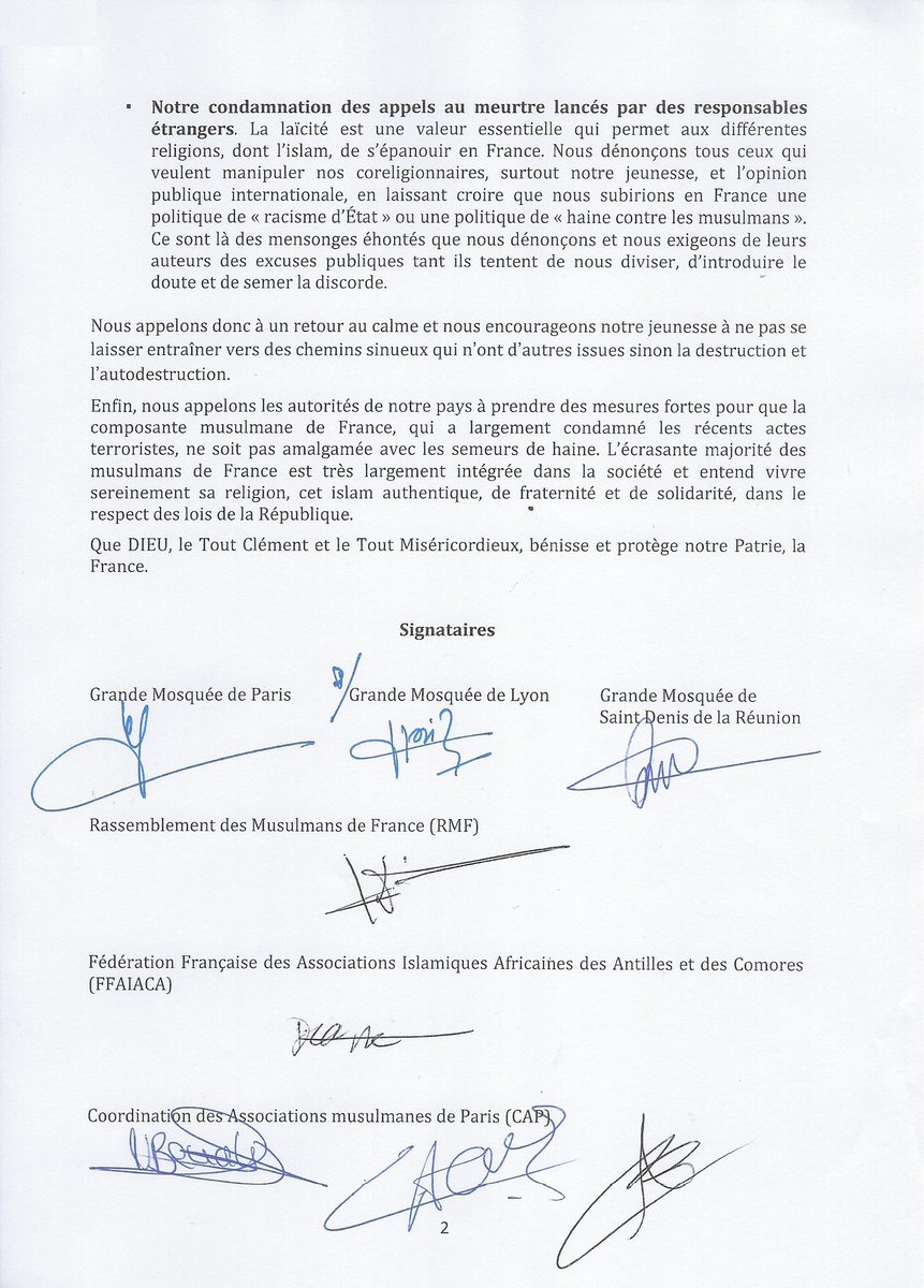 Déclaration des fédérations musulmanes et mosquées de France réunies cet après-midi à la Grande Mosquée de Paris :