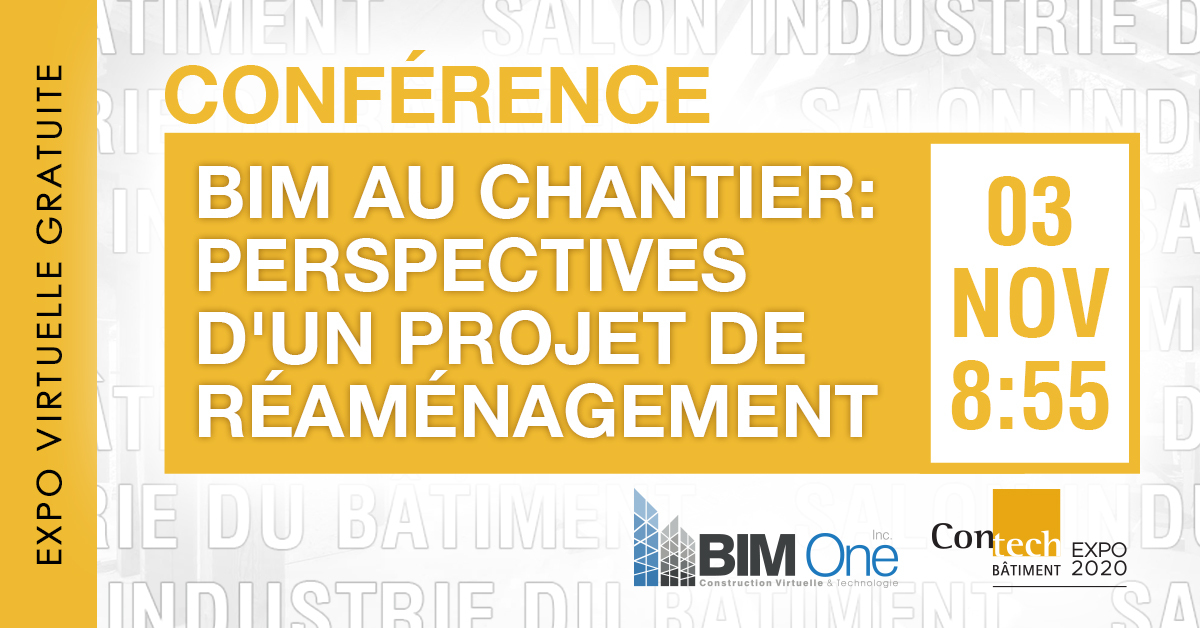 Demain, c'est la dernière journée de l'<a href="/ExpoContech/">Contech</a>. Rendez-vous sur le site de l'événement pour planifier une rencontre avec #BIM One ou assister à notre #Conference.  <a href="/j_f_lapointe/">jean-francois lapoin</a> <a href="/VincentCarignan/">Vincent Carignan</a> <a href="/contechbatiment/">Contech Bâtiment</a> bit.ly/3mLJpyE
