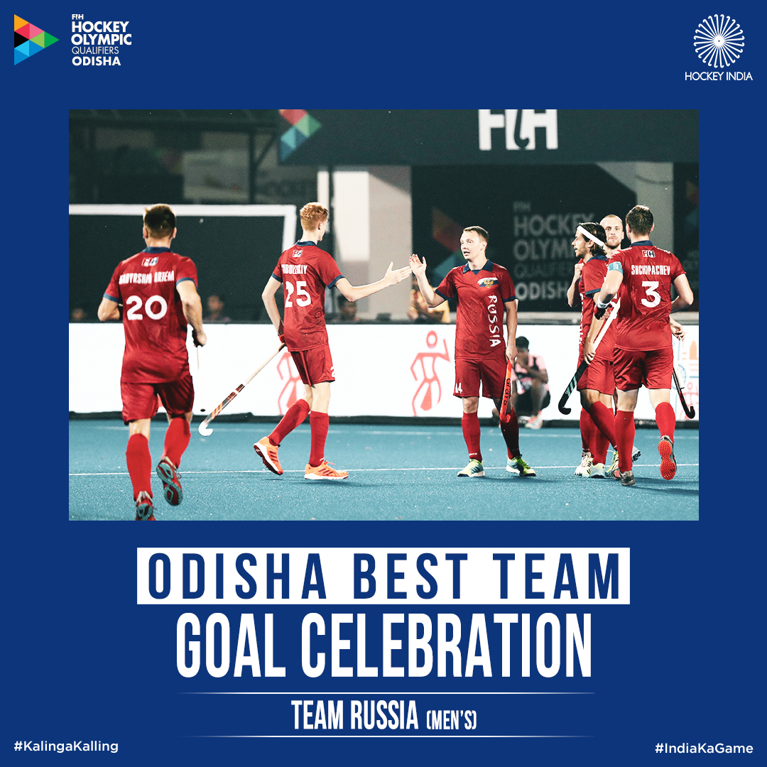 TheHockeyIndia's tweet photo. Odisha Best Team Goal Celebration (M) - Russia!
#IndiaKaGame #FIHHockeyOlympicQualifiersOdisha #INDvRUS #RoadToTokyo #Tokyo2020 #KalingaKalling #GiftOfHockey https://t.co/MA6XbCwBNS