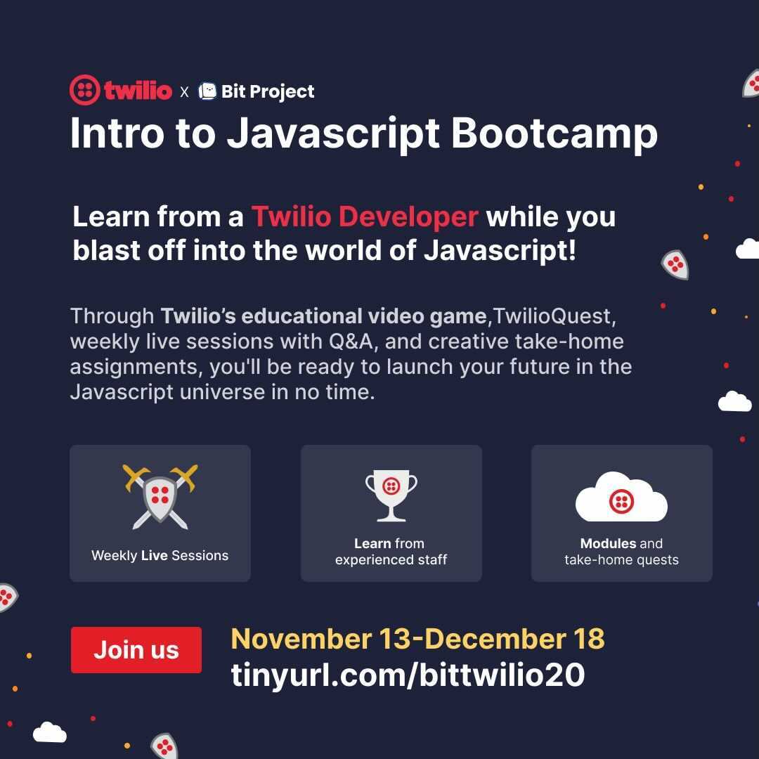 We are hosting a FREE Introduction to Javascript bootcamp with <a href="/twilio/">twilio</a> at <a href="/bitprj/">🚀 Bit Project</a>. We are specifically targeting HBCU and HSI students for this opportunity. Would appreciate retweets for reach!

bitproject.org/apply/introduc…

#blacktechtwitter