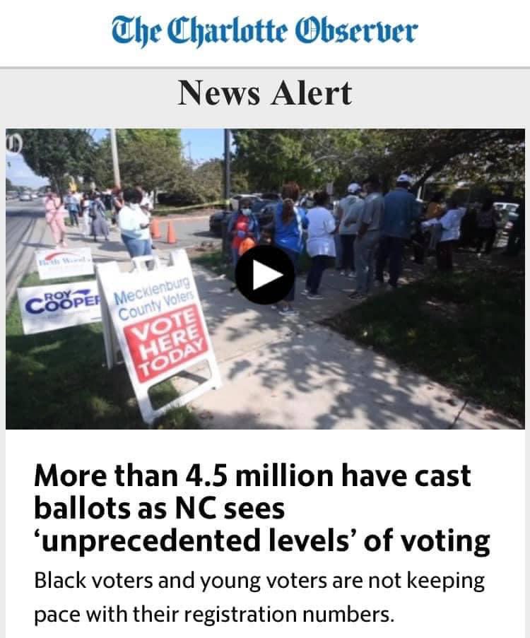 A brief thread of North Carolina-specific election data while I sit here in court Several Democrats – including attorney friends of mine – are concerned about the sub-head on this news story and "down" turnout of black votersI'm not sure that line's accurate tbh