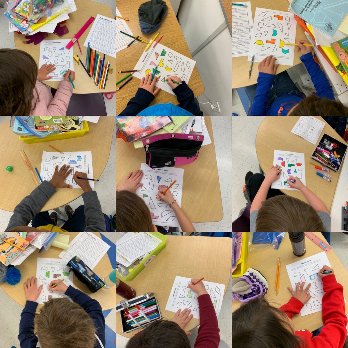 StGemmaEA's tweet photo. Congruent Colouring today in @brownjgemma class. Students used their new skills as well as rulers to find the right polygon matches! #mathfun #polygons #colouringinmath #grade2 https://t.co/Imt102L3fs