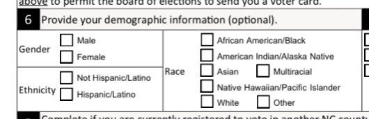 A part of that drop is just folks dying and being removed from the polls (we have a fairly uniform process for "cleaning" voter rolls over time)But a bigger part of it is in a change made to North Carolina's voter registration application, adding an option to pick "Multiracial"