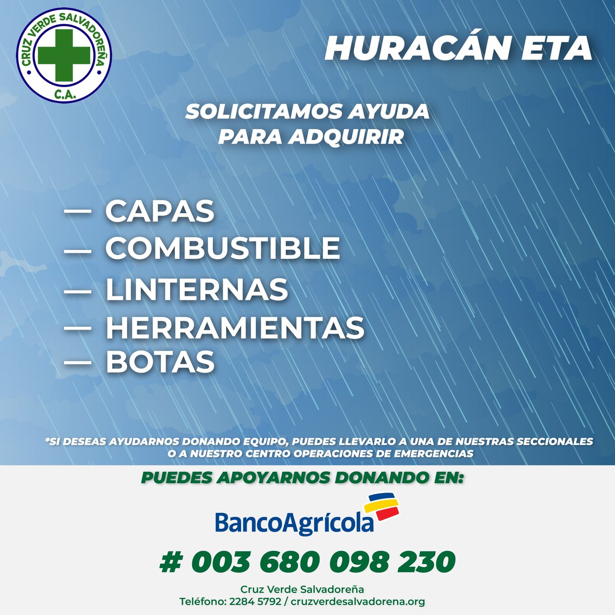 CvsOficial's tweet photo. ⚠️Solicitamos apoyo⚠️ 

Puedes llevar tu donación a nuestro Centro de Operaciones de Emergencia ubicado sobre Avenida Bernal y Calle Constitución, Ciudad Satélite, Casa #19.

o Donar por medio de Banco Agrícola #003 680 098 230 https://t.co/NrO8ZFagzp