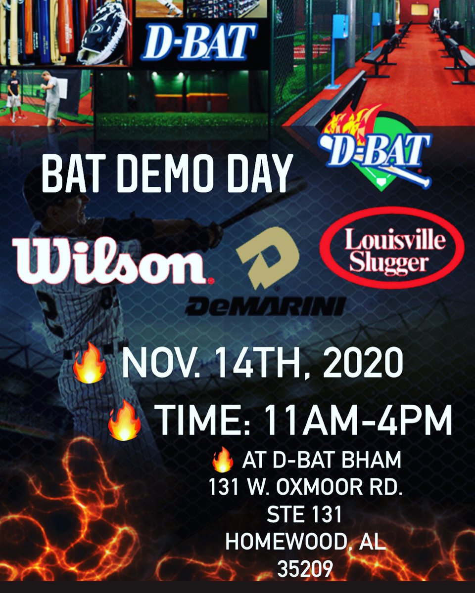 dbatswbham's tweet image. DEMO DAY:  Nov. 14th, 11-4PM

Demo some of the top brands on the market today.  Dermaini, Louisville Slugger,  and Wilson. (Meta, The Goods, Voodoo, Zen, LXT and more.)

#dbat #dbatbham #batdemo #baseball #softball #demarini #freedemoday #homewood #hoover #vestavia #youthbaseball
