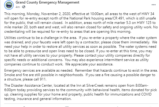 CEDRdigital's tweet photo. Evacuation Change #GrandCO #EasttroublesomeFire
Evacuations lifted for all areas to the west of HWY 34
Still closed: Areas north of the National Park housing area/CR 491, & areas north of MM 5.3 on HWY 125 to MM 20, both east and west.
Map: https://t.co/Hd9UiuEfFG https://t.co/VtiFFcnLYY