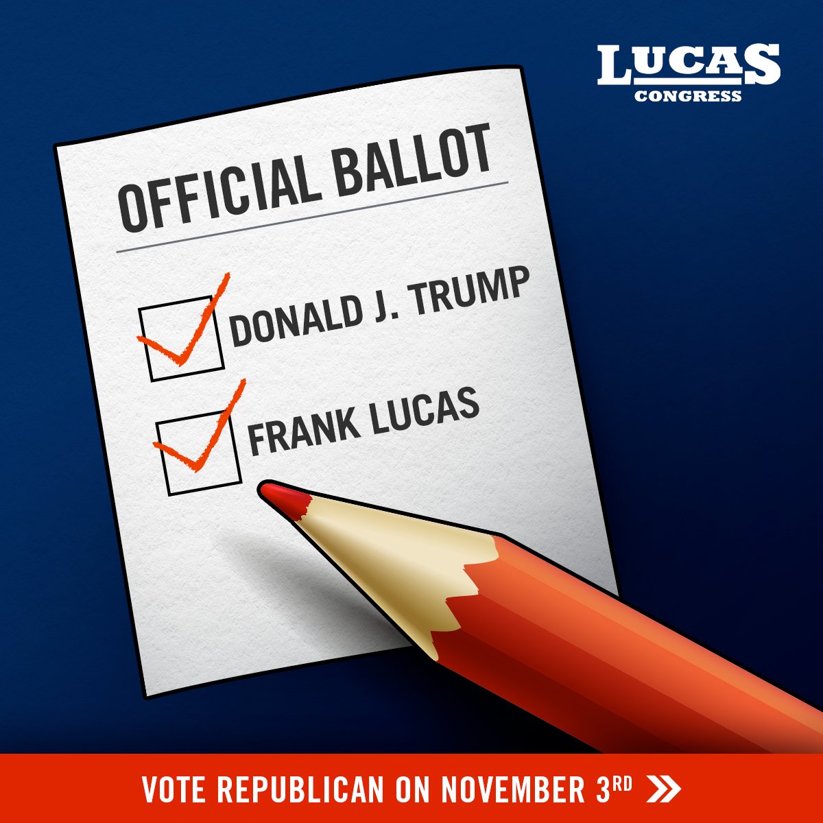 FrankDLucas's tweet photo. TOMORROW is ELECTION DAY! 

Be sure to make a plan to vote and know your polling location so YOU can help make a difference in Oklahoma's 3rd District →
https://t.co/9dFxdtzMLG

I'm counting on YOUR support tomorrow! Help spread the word to VOTE Frank Lucas for Congress! #Vote https://t.co/4gid1iqQUA