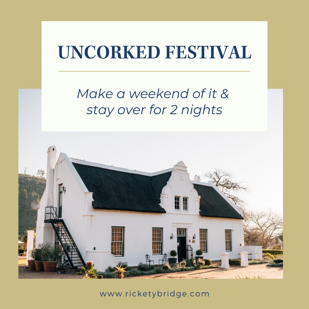 RicketyBridgeW's tweet photo. The annual #UncorkedFestival is upon us! 

Stay over for 2 nights at #BasseProvence or #RicketyBridge #ManorHouse for 20% less + weekend passes + daily breakfast. Priced from R2112 per night per couple.

Book your stay on accommodation@ricketybridge.com or 021 876 2994.

🥂 https://t.co/iHvCPzNA0w