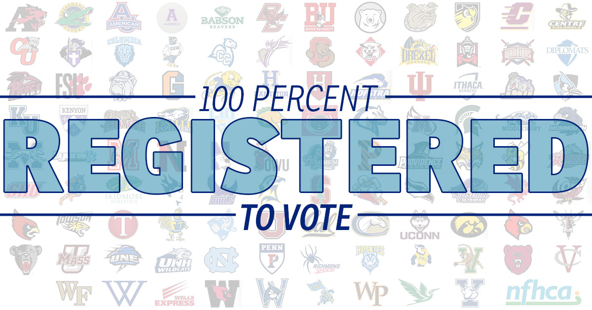 NFHCA's tweet photo. We're proud to report that 105 collegiate programs are 100% registered to vote in tomorrow's election!

Most — if not all — of these registered voters will be voting for the first time! 

See the list: https://t.co/FFxDabBq7q

#VOTE https://t.co/cLl8ejhru6