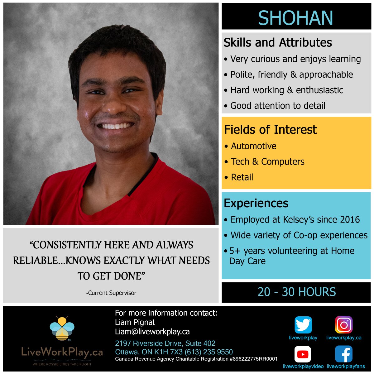 LiveWorkPlay's tweet image. We are pleased to be presenting Shohan today. If you would like to learn more or have a recommendation for us to pursue with Shohan, please contact Liam Pignat jobs@liveworkplay.ca and he&apos;ll take it from there! #ThePowerofInclusion #EngageTalent