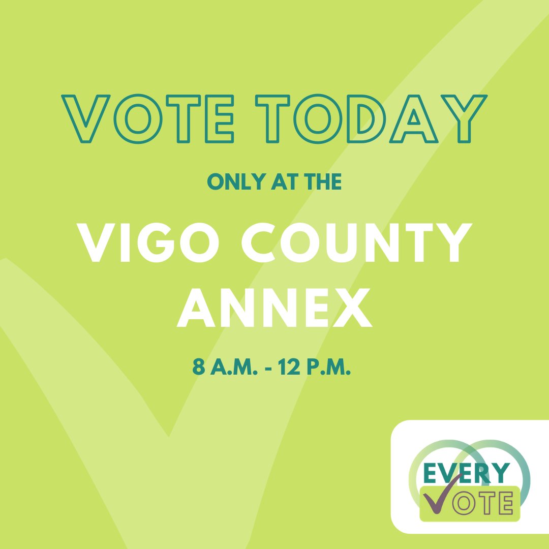 EveryVote1's tweet image. Attention Vigo County Voters!  If you are planning to cast your vote today, visit the Vigo County Annex. This is the only Vigo County voting location open today, from 8 A.M. to 12 P.M.
All Vigo County voting locations will be open tomorrow from 6 A.M. to 6 P.M.
#EveryVote