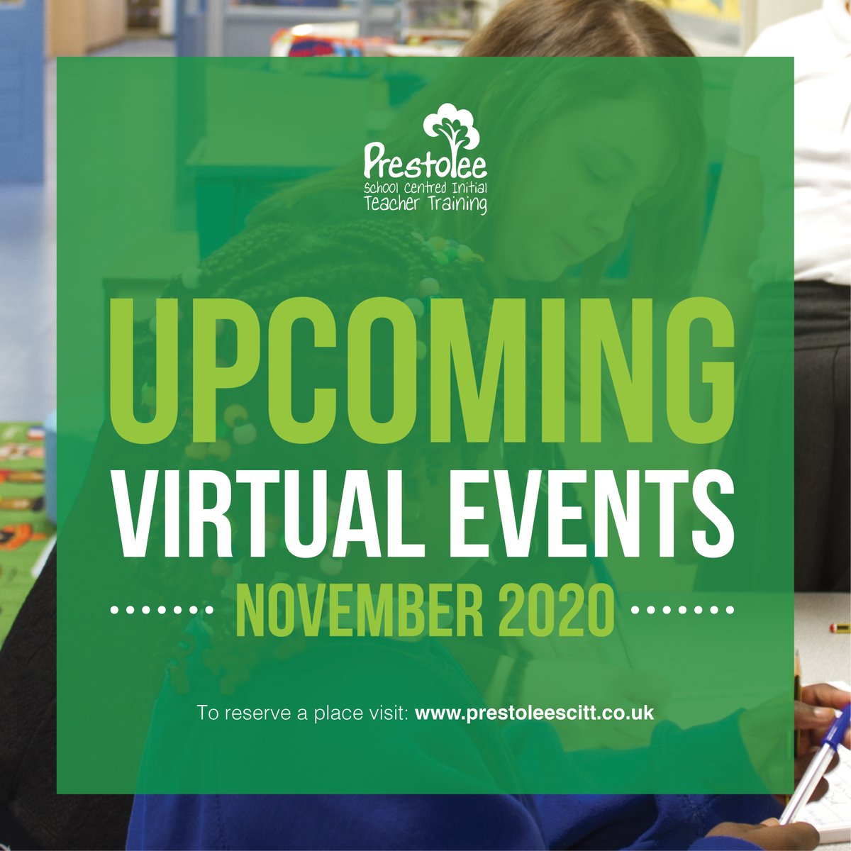 We’ve got some exciting events for you this November.

Not only are we still available every Wednesday for our online Information Events, but we are also going to be at the Get into Teaching events in Liverpool and Manchester!

See our website for details: prestoleescitt.co.uk/events
