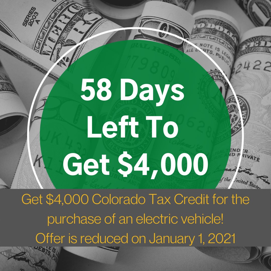 DriveCleanCO's tweet photo. Right now you can get a $4,000 Colorado tax credit when you purchase a new electric car. FOUR THOUSAND DOLLARS! Don’t let this opportunity pass you by. The credit goes down on January 1, 2021. #EVTaxCredit #GetYour4k https://t.co/i3T5q7bfay