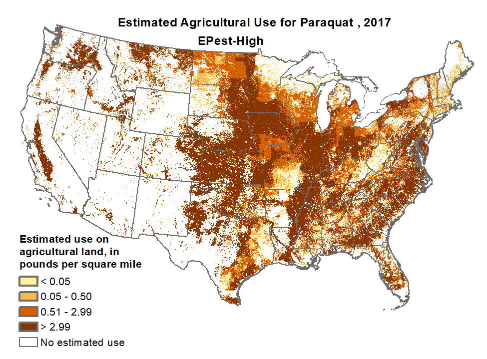 1.1 million Americans have Parkinson's, and 200 more will be diagnosed today, due in part to paraquat. Chances are, paraquat is used near you. Check out the map below from the US Geological Survey.