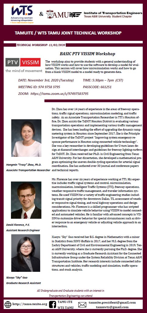 TAMUite (@itetamu) on Twitter photo TAMUITE / WTS TAMU JOINT TECHNICAL WORKSHOP
BASIC PTV VISSIM Workshop on Nov 3rd at 5:30pm-7pm.
RSVP Link: shorturl.at/tAGJ9 (Close at COB November 2nd)
MEETING ID: 974 9758 3795
PASSCODE: 661251
ZOOM: tamu.zoom.us/s/97497583795
<a href="/TAMUCVEN/">TAMU Civil & Environmental Engineering</a> <a href="/TAMUEngineering/">TAMU Engineering</a> TAMUITE / WTS TAMU JOINT TECHNICAL WORKSHOP
BASIC PTV VISSIM Workshop on Nov 3rd at 5:30pm-7pm.
RSVP Link: shorturl.at/tAGJ9 (Close at COB November 2nd)
MEETING ID: 974 9758 3795
PASSCODE: 661251
ZOOM: tamu.zoom.us/s/97497583795
<a href="/TAMUCVEN/">TAMU Civil & Environmental Engineering</a> <a href="/TAMUEngineering/">TAMU Engineering</a>