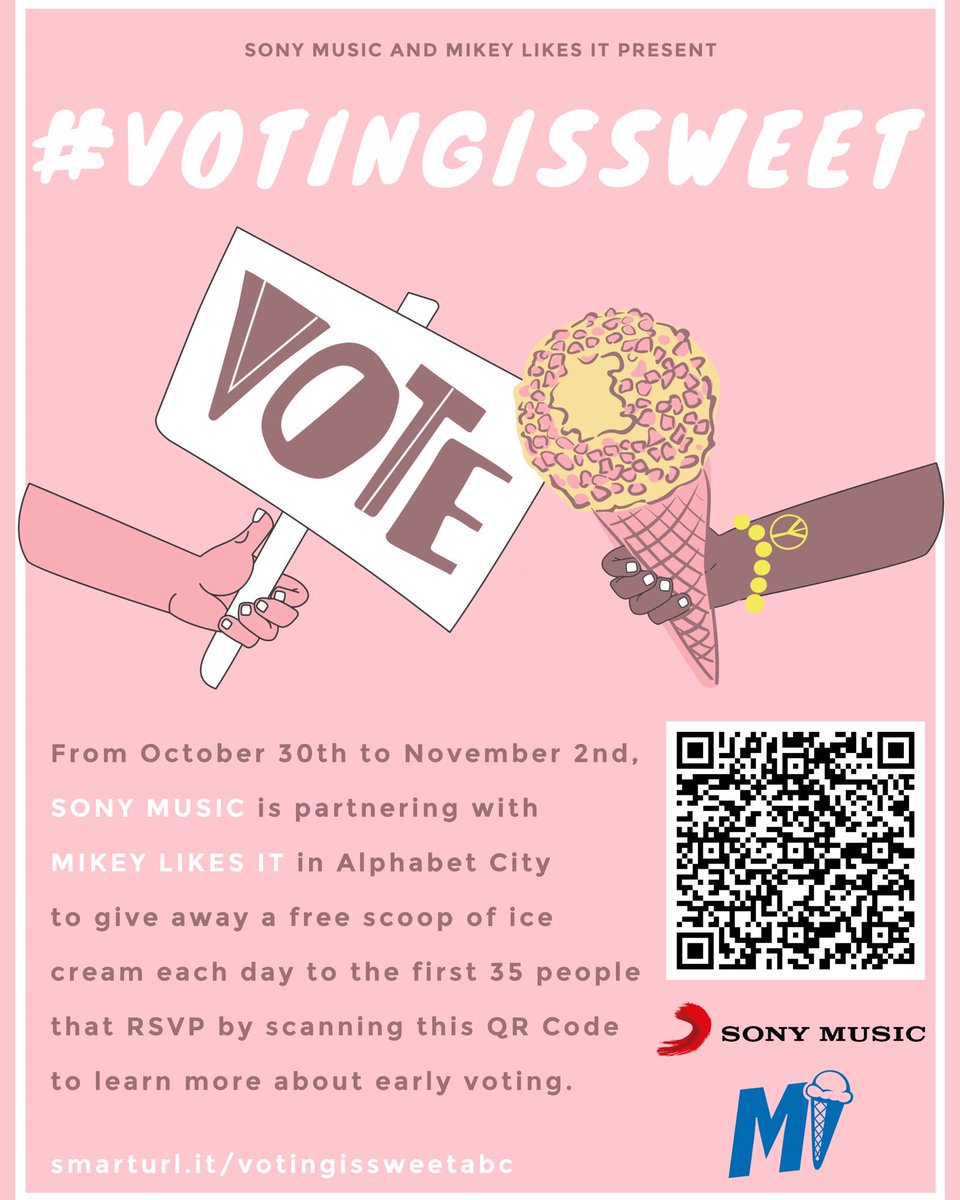MikeyLikesItNY's tweet photo. Today is the last day to get your FREE SCOOP courtesy of our #VotingIsSweet partnership with @sonymusic !
Scan the QR code or click the link to learn more about voting and then head to our #LES location from 2-10 pm today to collect your free scoop:
https://t.co/Ik0FFDWYu6 https://t.co/namXYu2VX2