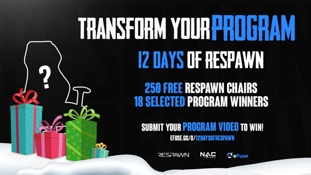 RESPAWNProducts's tweet photo. Some more details on the 12 Days of RESPAWN with @eFuseOfficial and @NACEsports. 🎁

12 Collegiate Program Winners
6 High School Program Winners

250 Total Gaming Chairs. 🪑

Winners announced in Early December. ❄️

LEARN MORE: https://t.co/CN7hFb4IXg https://t.co/gC79WACz1d