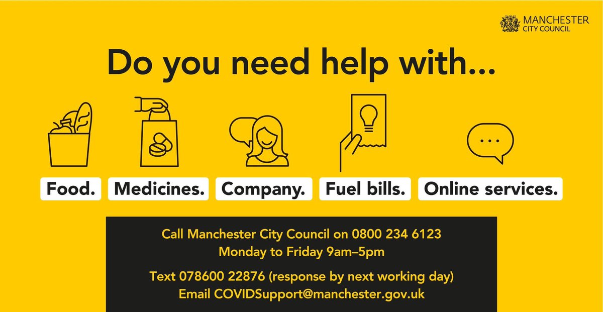 ManCityCouncil's tweet photo. The Manchester Community Response hub is continuing to support Manchester's most vulnerable people.

If you live alone, are struggling to make ends meet, are self-isolating or generally in need of advice or support, please contact us: https://t.co/Zy18zBEdrO https://t.co/3FPOAZH96A