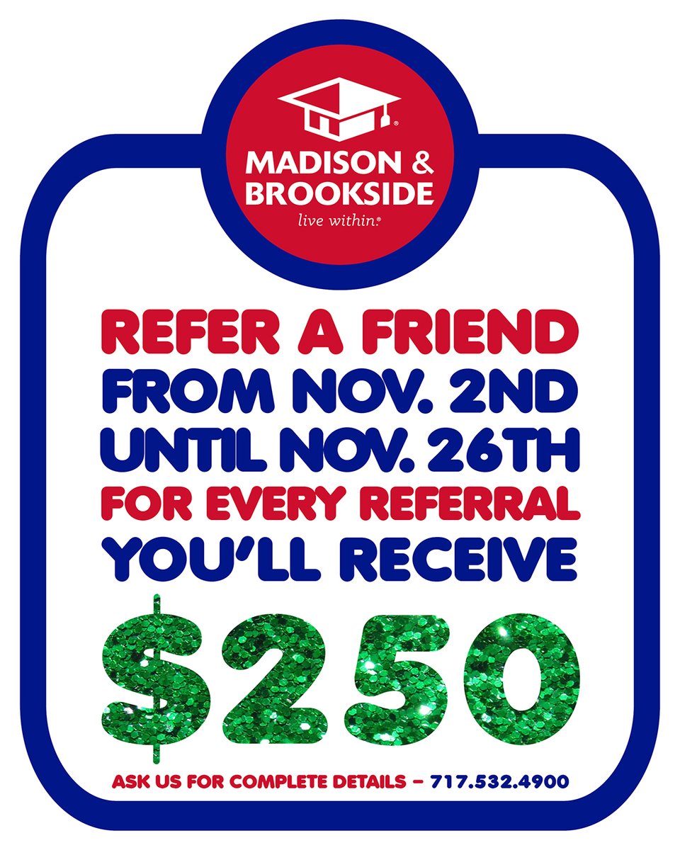 MadisonCourtCTC's tweet photo. From now until Thanksgiving refer your friends to live with us and you'll get $250 for every referral! Contact the leasing office for complete details.
#livewithin #collegetowncommunities https://t.co/gUN6LtMANH
